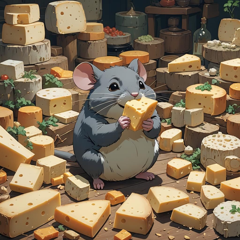 Chubby Mouse Eating Cheese, Anime Style