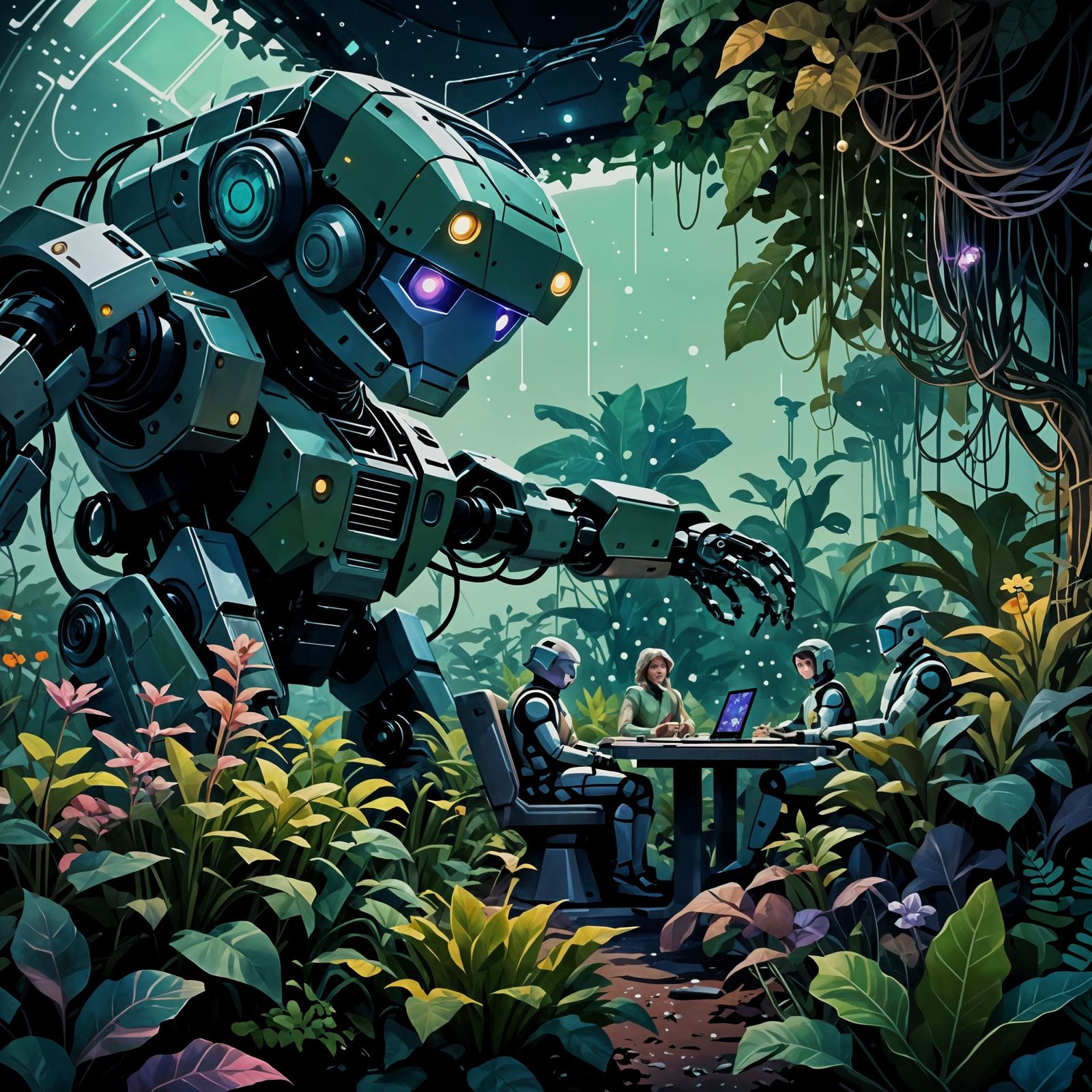 Robot and Human in Spaceship Garden: Low-Poly Art