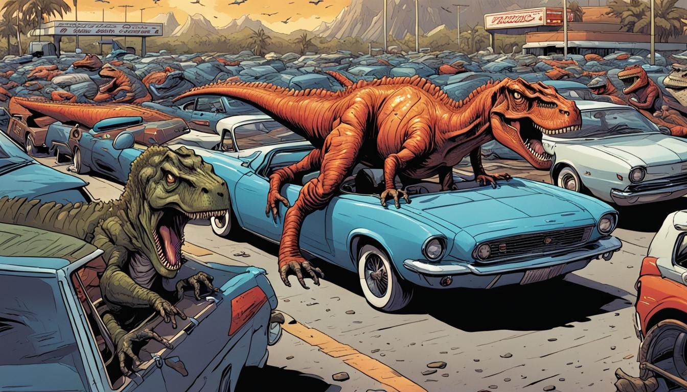 T-Rex Parking Sportscar: Comic Book Art