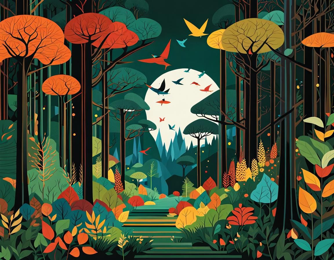 Enchanted Forest Patchwork Art in Expressionist Style