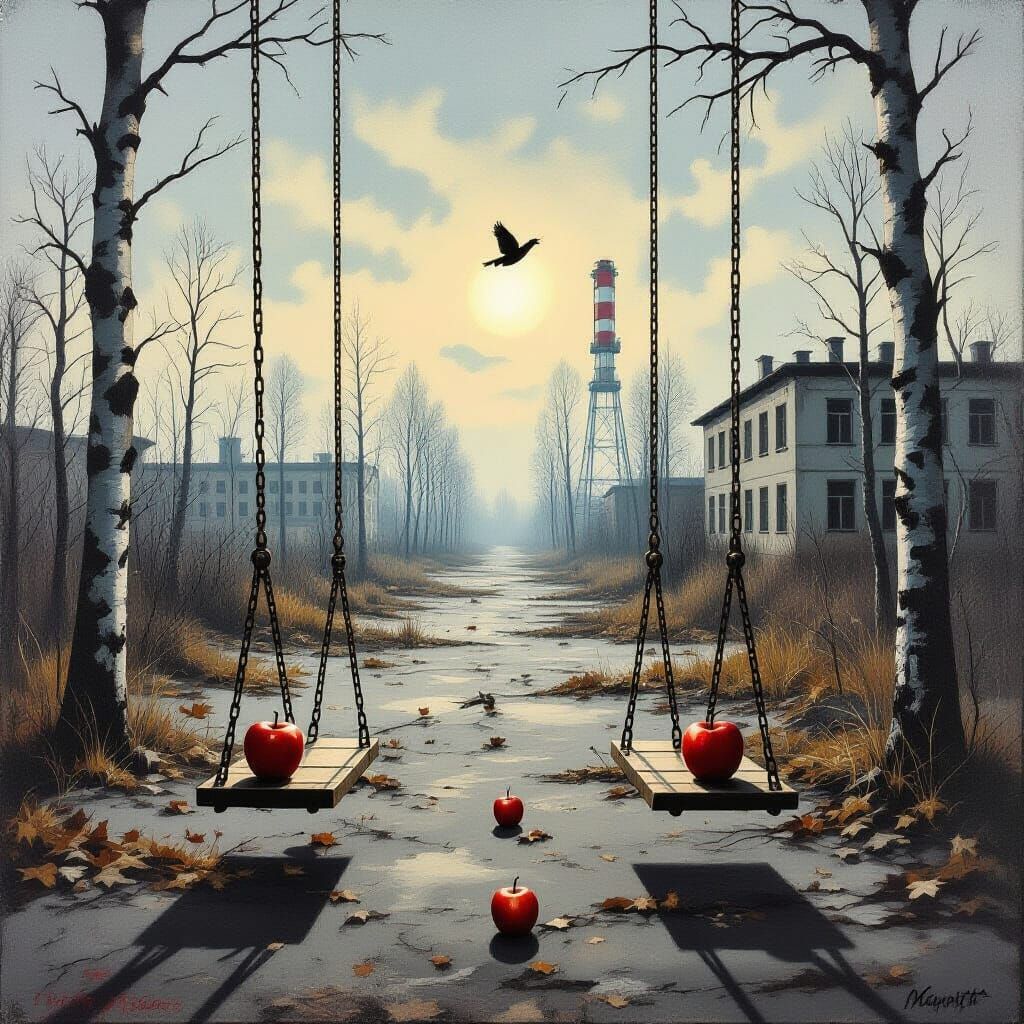 Surrealist Chernobyl Landscape in Magritte Style
