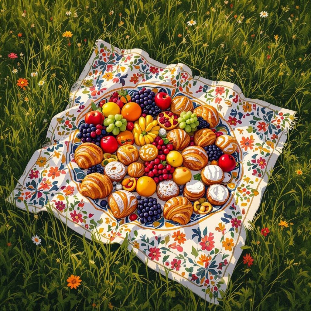 Aerial Picnic in Folk Art Nouveau Style