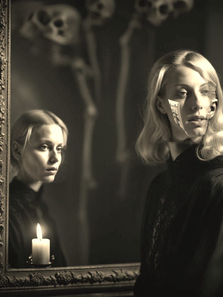 Blonde Sees Skeletal Reflection in Mirror