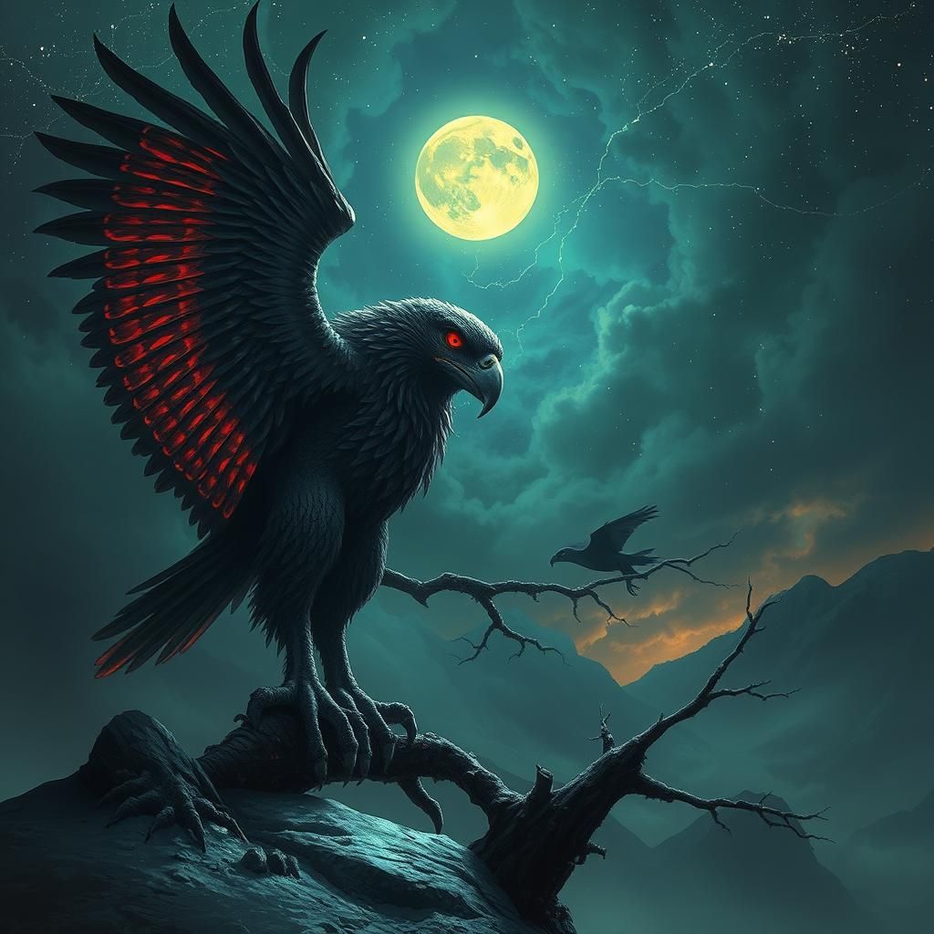 Ominous Solarpunk Hawk in Nightmarish Style