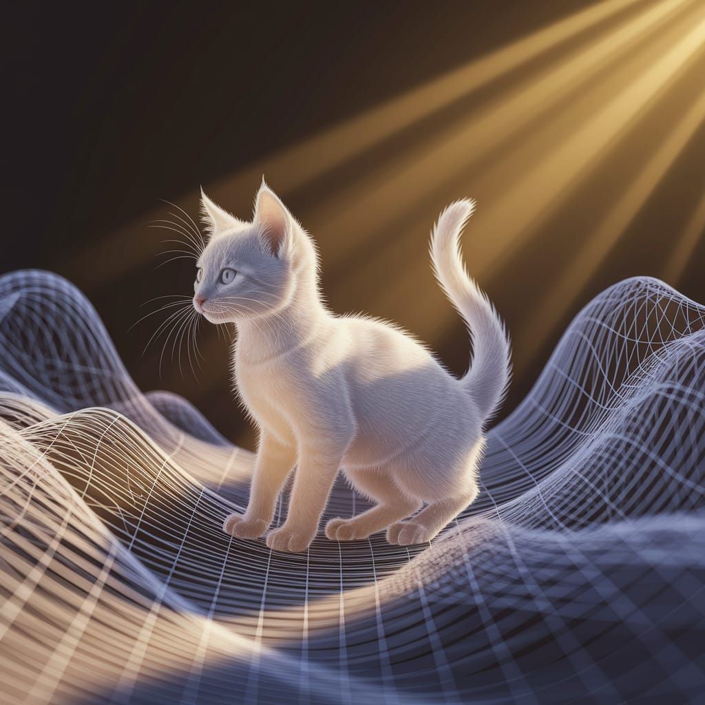 Fantasy Kitten Silhouette in Whimsical Wire Landscape with S...