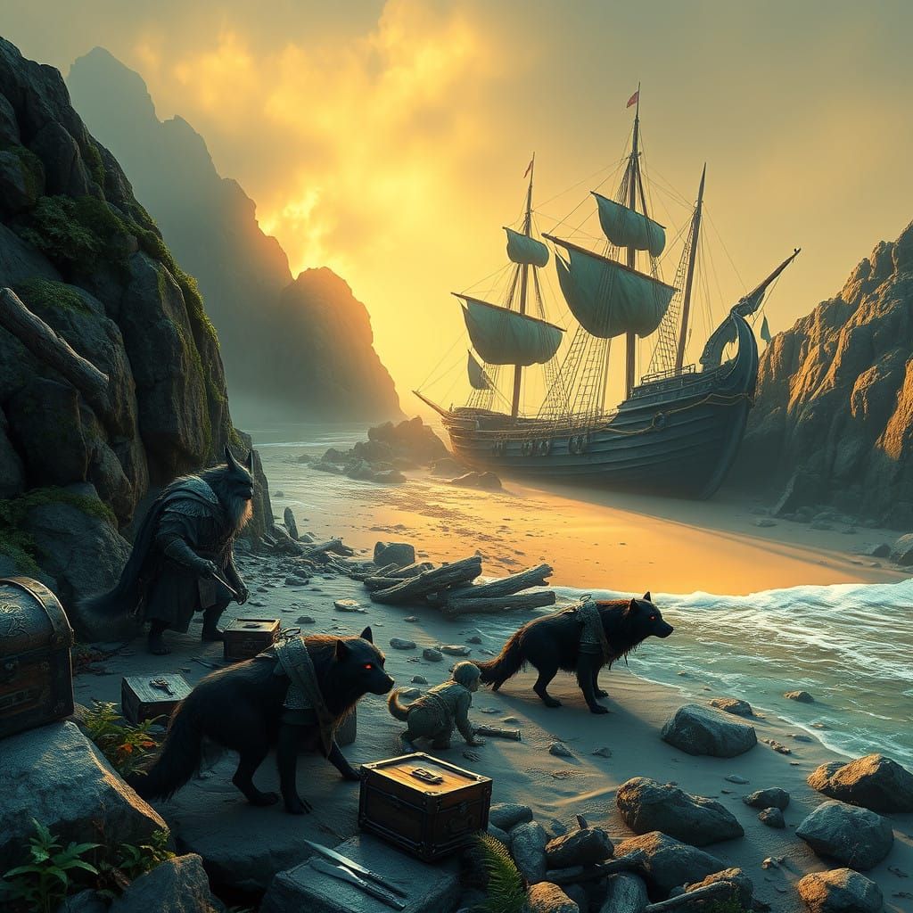 Golden Dawn Cove with Ancient Boulders and Goblin Shipwreck