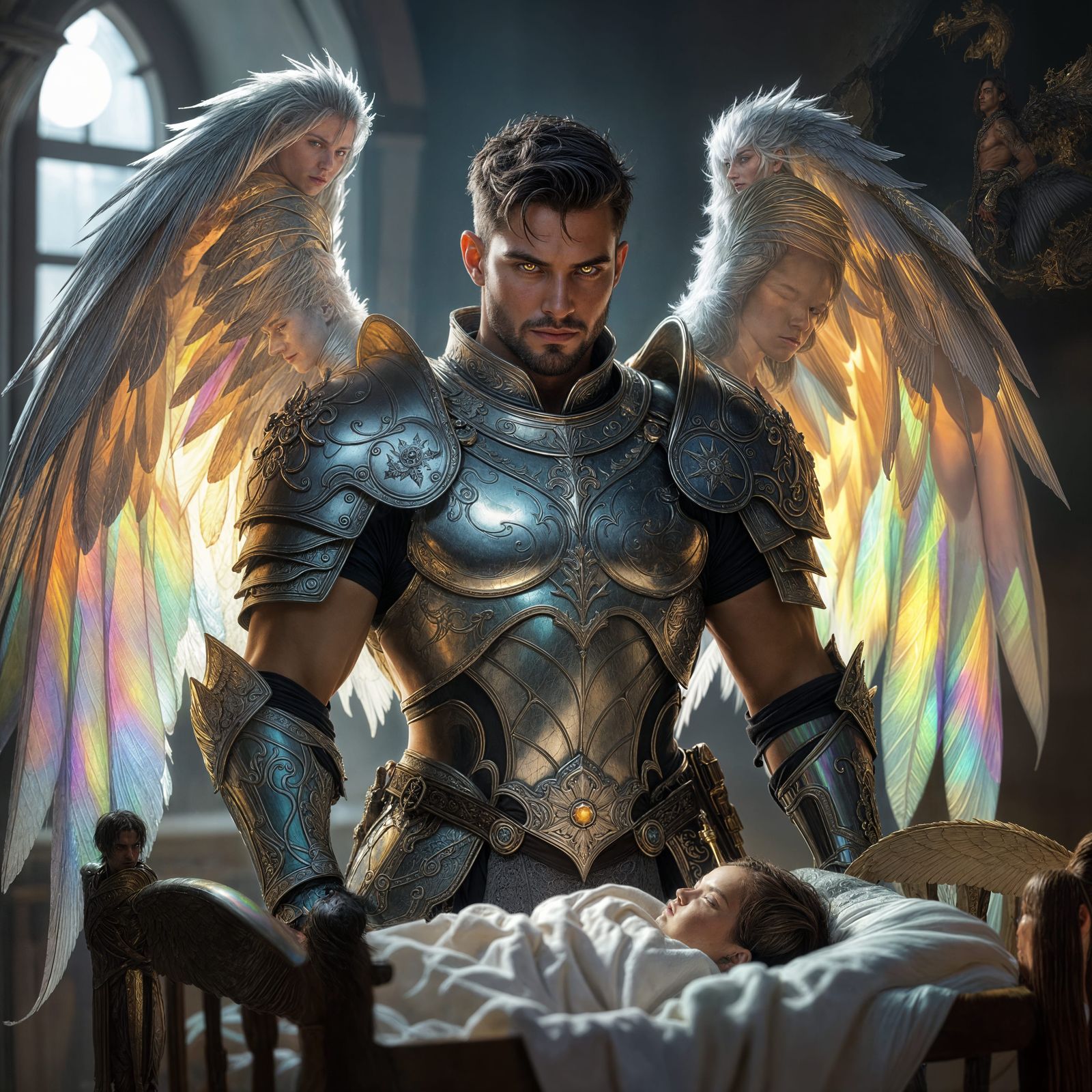 Majestic Angel Guarding Sleeping Infant in Fantasy Style