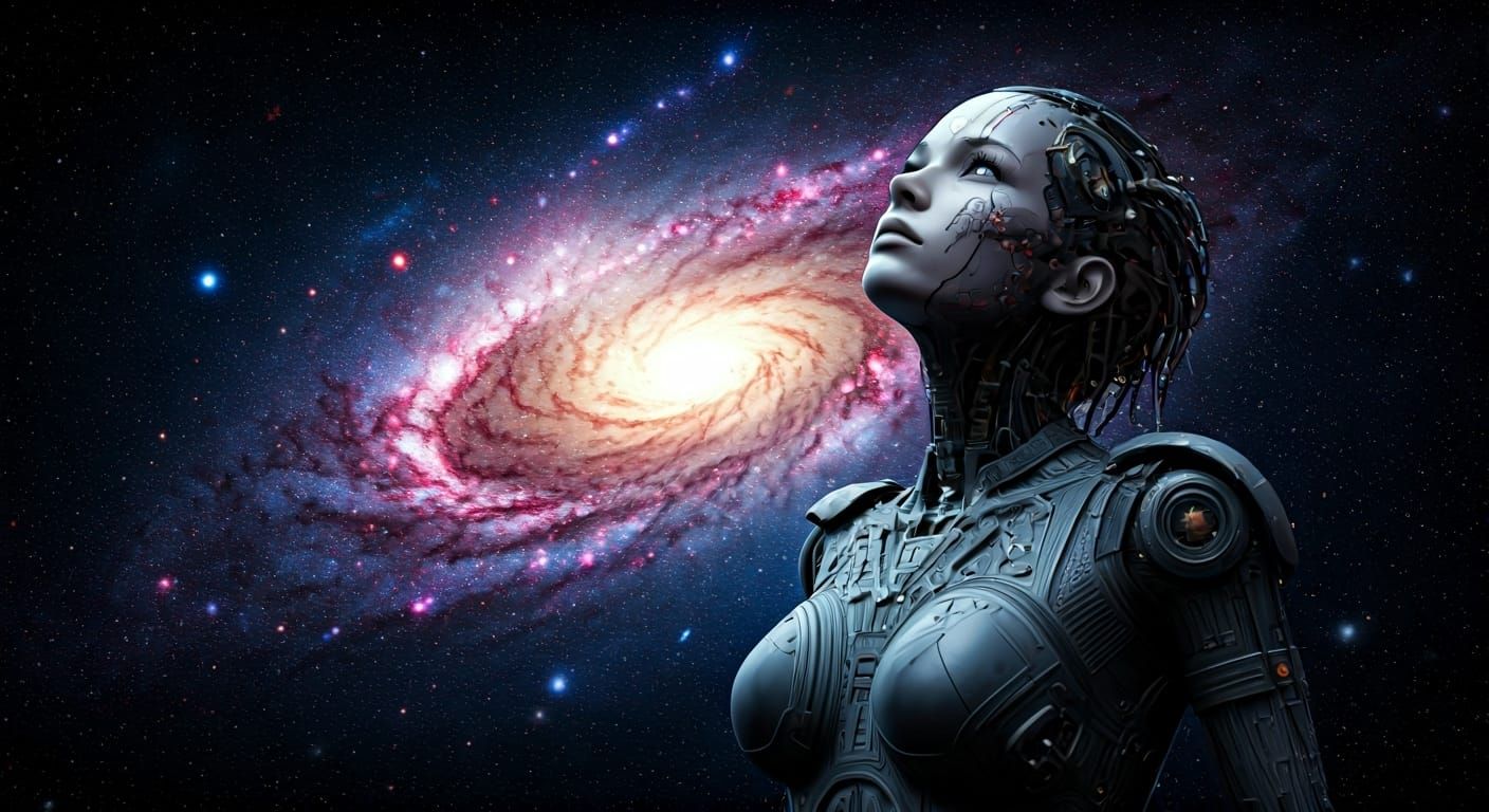 Cyborg Gazing at Cosmic Starscape in Futuristic Style