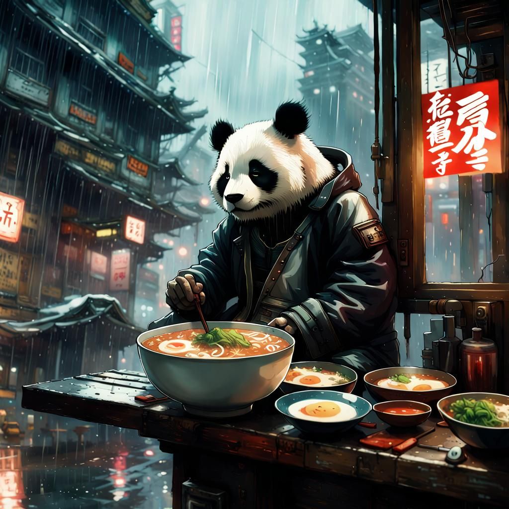 Cyberpunk Panda with Ramen in Rainy Cityscape