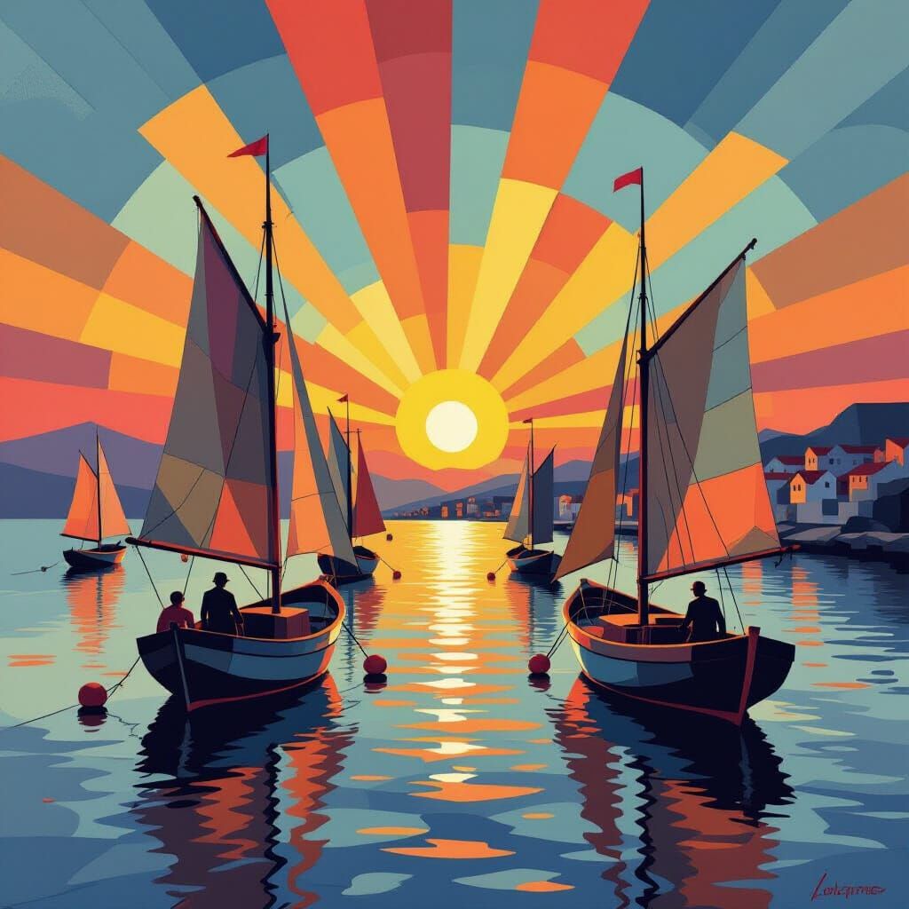 Cubist Harbor at Sunrise: Geometric Fauvism