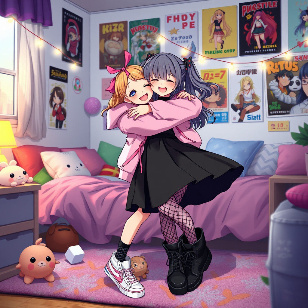 Energetic Girl Hugs Goth Girl in Cozy Bedroom