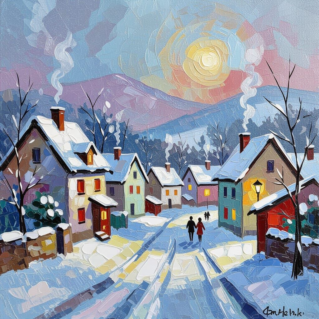 Snowy Village in Expressive Oil and Acrylic Styles