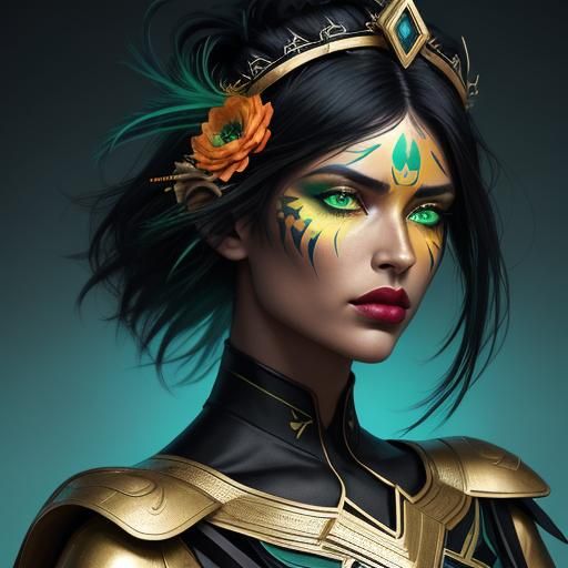 Gold Skinned Woman with Peacock Feathers, Digital Art