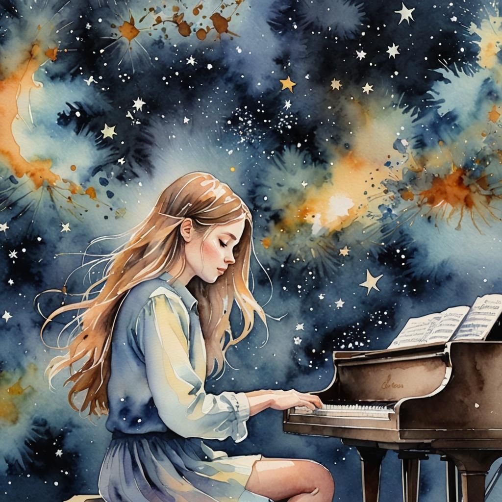 Watercolor Girl Plays Piano in the Universe