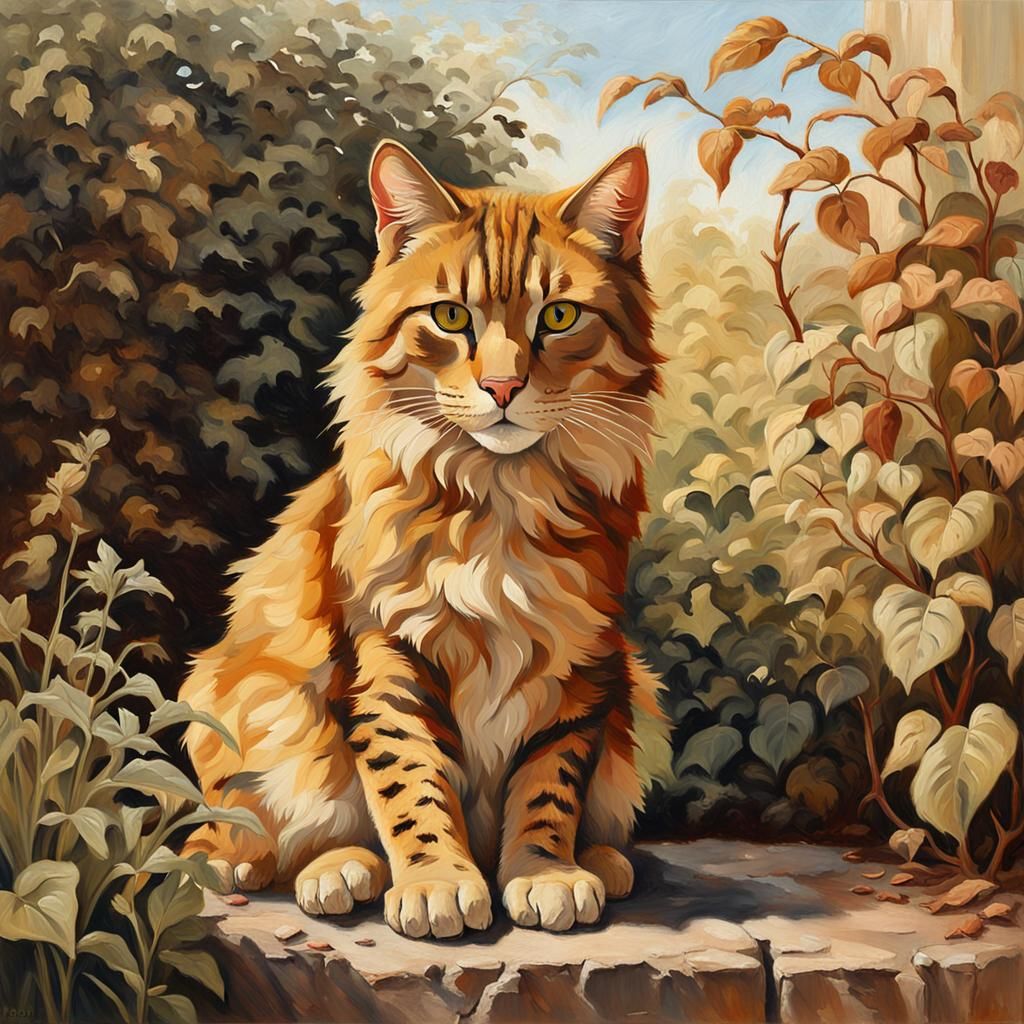 Golden Feline in Forgotten Garden as Oil Painting