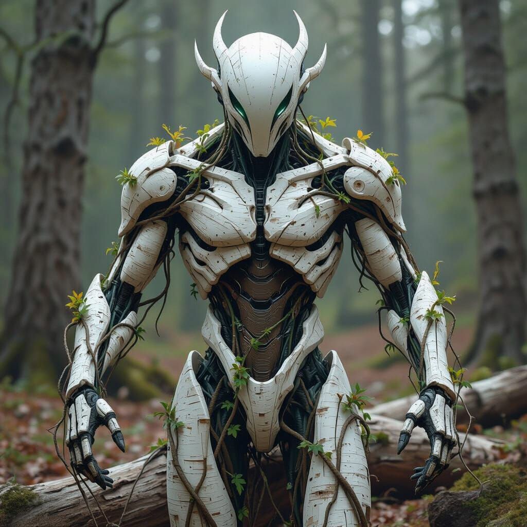 Biomechanical Birch Creature with Vine Limbs