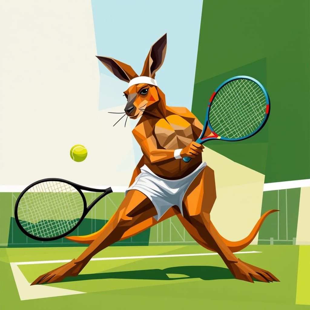 Kangaroo Tennis Player in Abstract Cubism Style