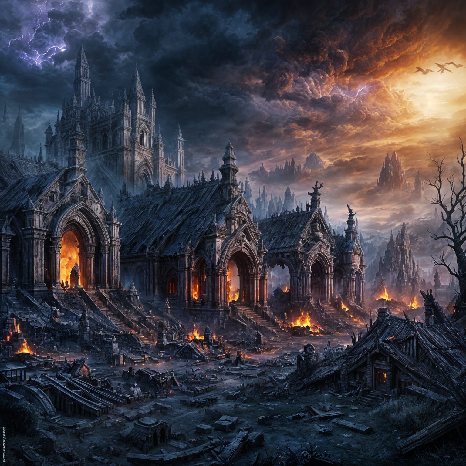 Elven Village Ruins with Demonic Flames