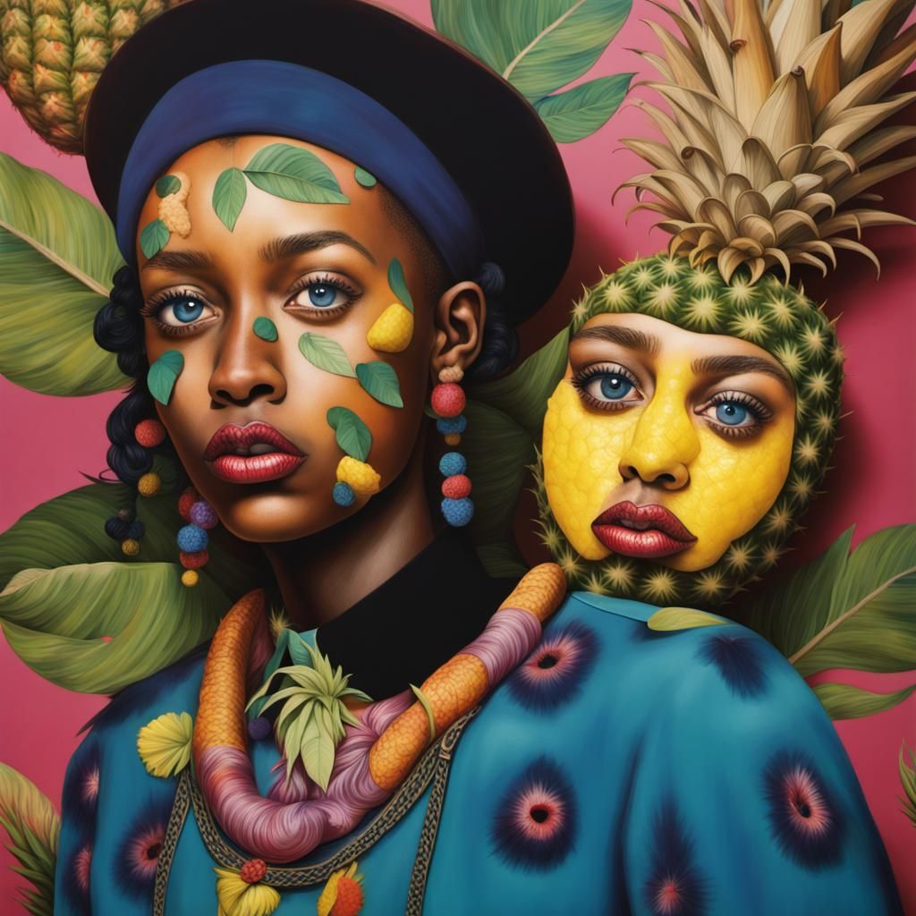 Surreal Jungle Portrait with Pineapple Face in Vivid Alcohol...