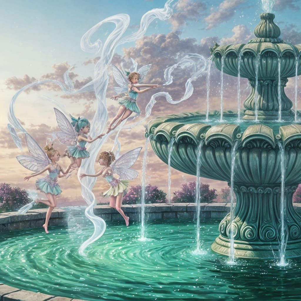 Ethereal Fairies Dance Around Emerald Fountain in Anime Styl...