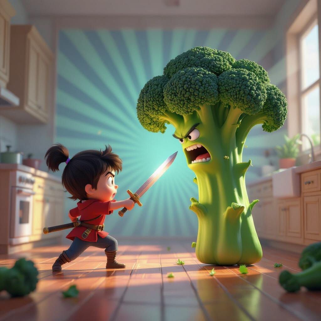 Child Battles Giant Broccoli in Pixar Style