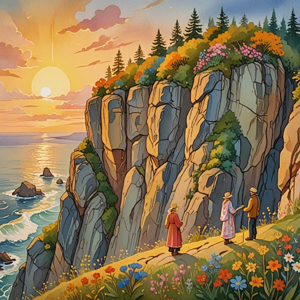 Whimsical Folk Art Painting of Experts on Cliff