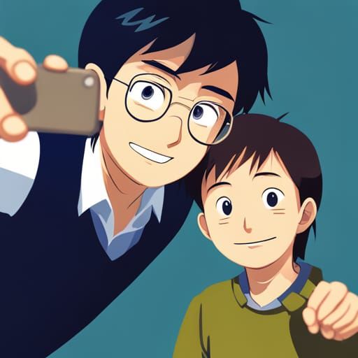 Man and Cartoon Character Selfie, Ghibli Style
