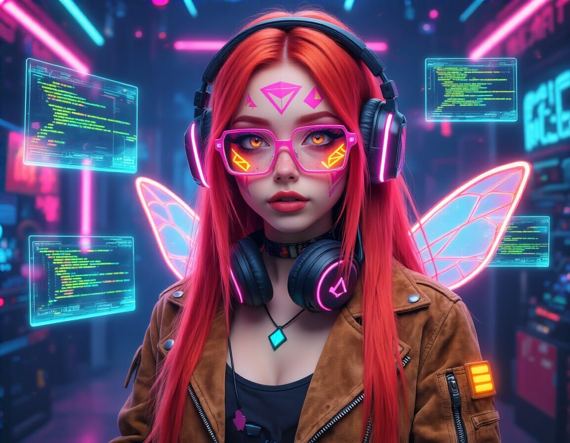 Cyberpunk Fairy with Neon Makeup and LED Jacket