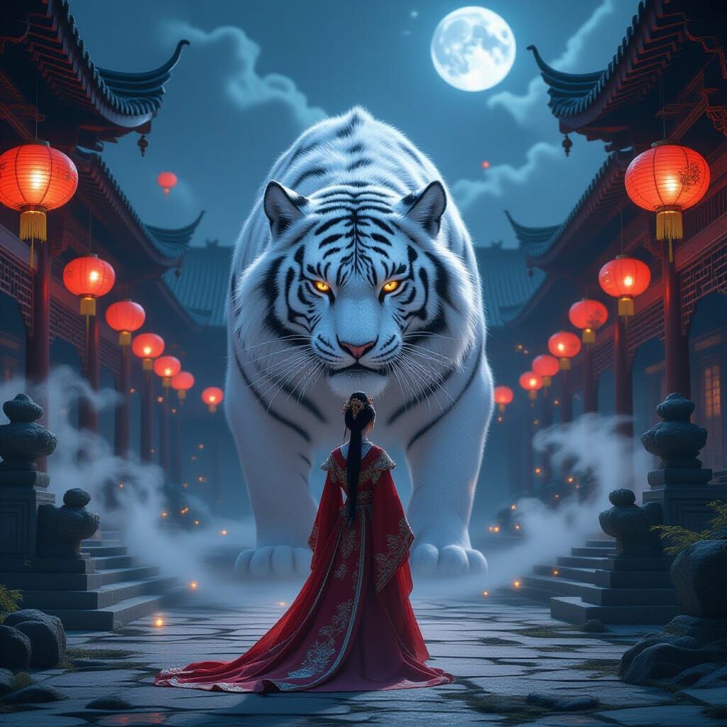 Chinese Princess and White Tiger in Moonlight