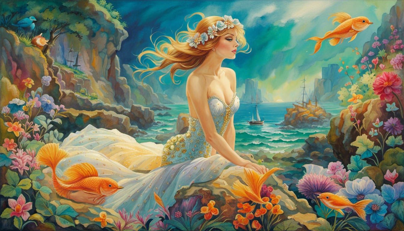 Mermaid Sunbathing: Watercolor Patchwork Shabby Chic Illustr...