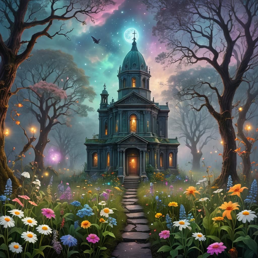 Ethereal Ghost Haunts Misty Wildflower Garden