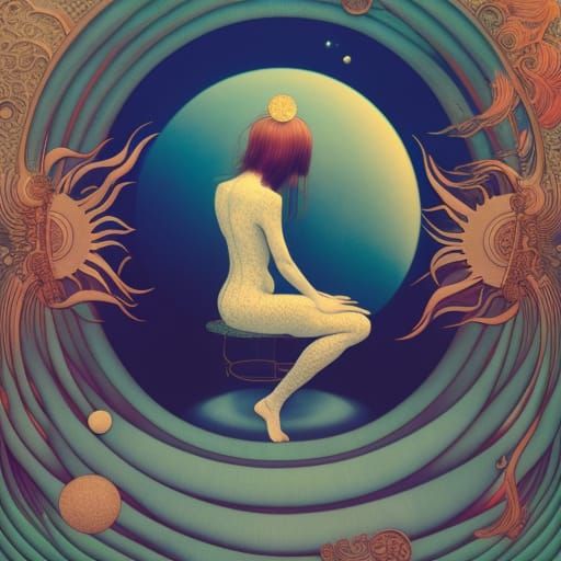 Woman in Sun and Moon Chair: Surreal Fairytale Art