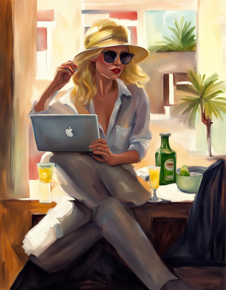 Blonde Woman Working at Laptop with Margarita
