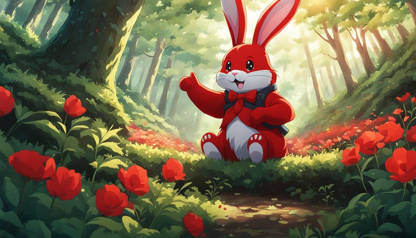 Anthropomorphic Red Bunny in Anime Style Forest