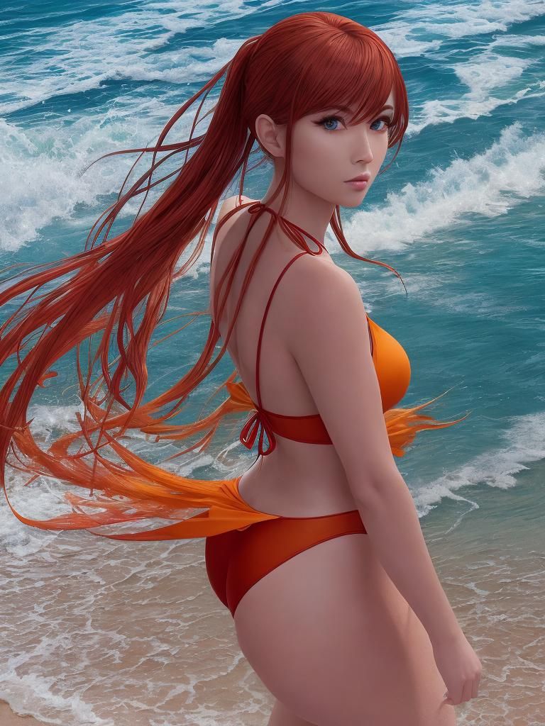 Anime Woman in Red Bikini on Beach