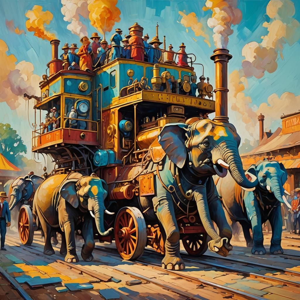 Circus Elephants on Steam Engine as Expressionist Oil Painti...