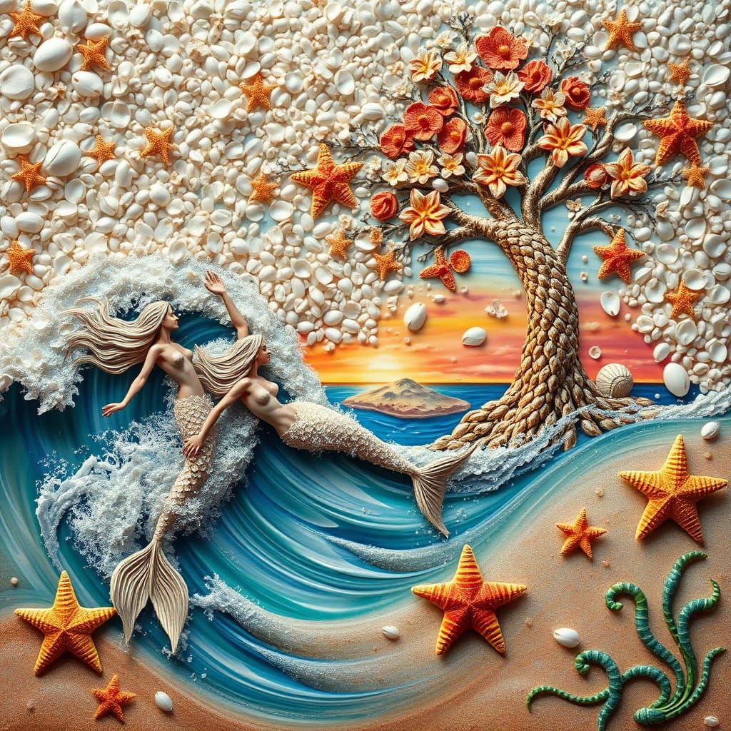 Dreamy Seascape with Mermaids and Shimmering Shells in a Sur...
