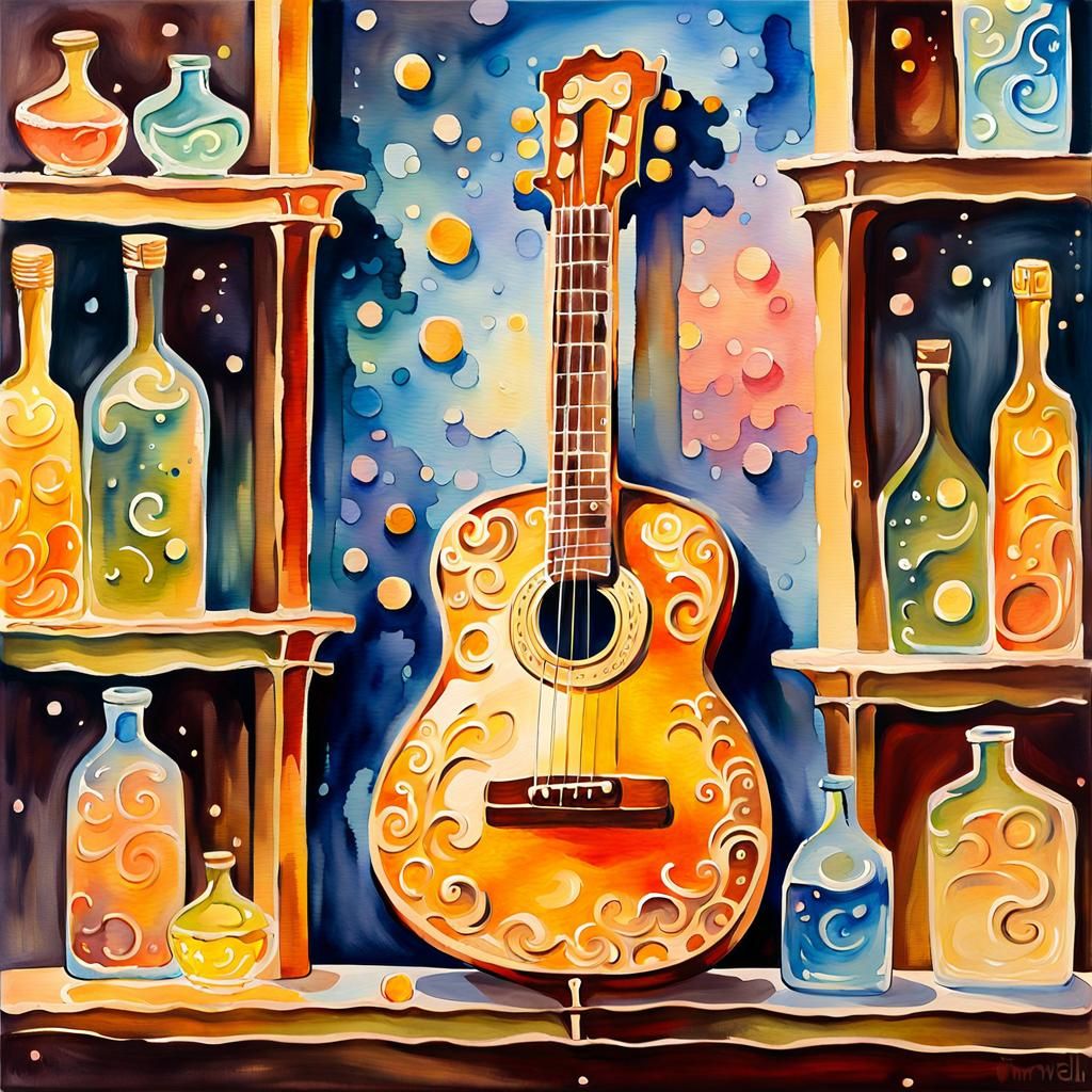 Glass Guitar Miniature World Gouache Impressionist Masterpie...