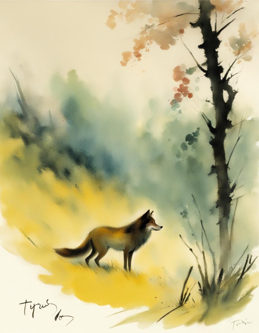 Wolf in Meadow, Tyrus Wong Style