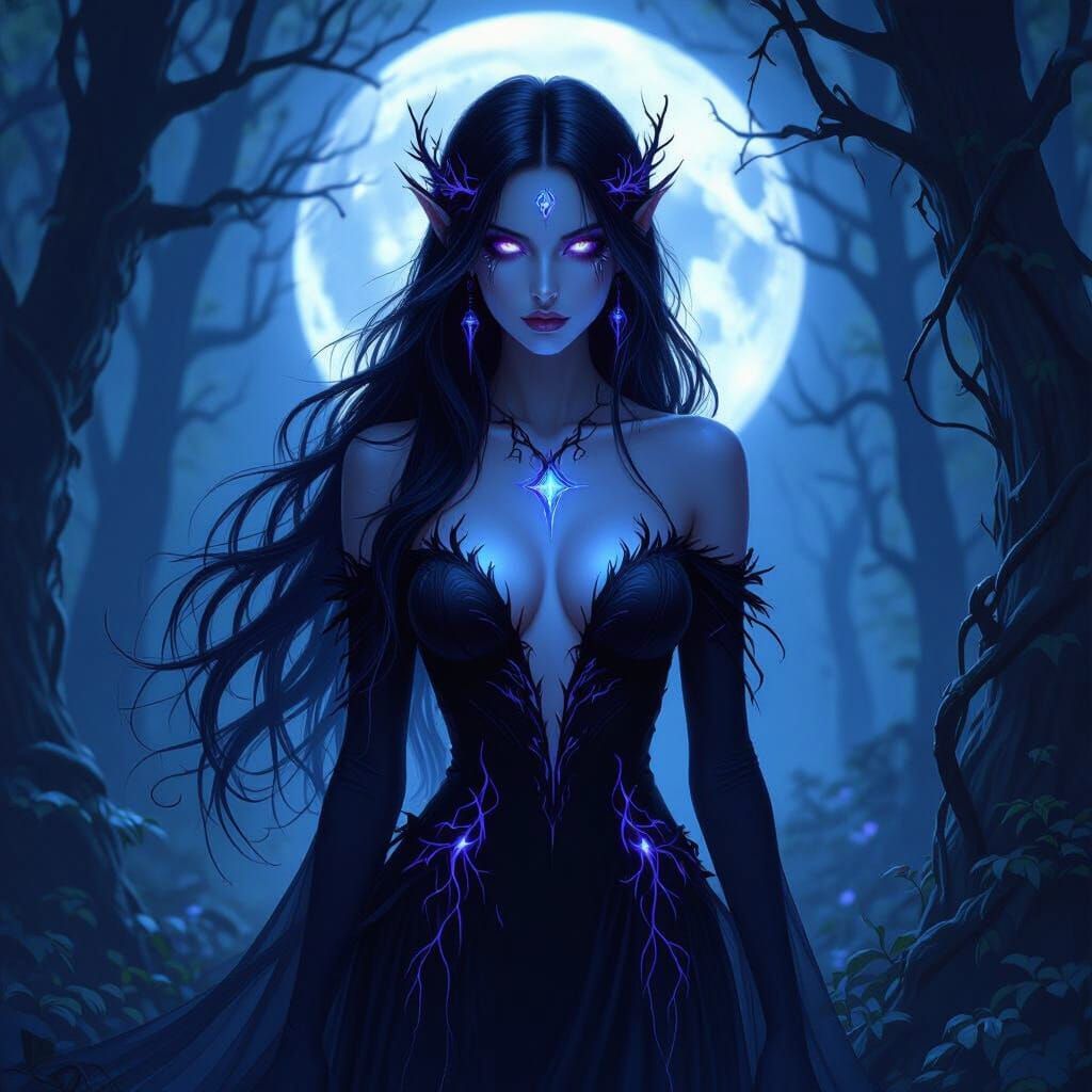 Alluring Fae Woman in Moonlit Forest, Dark Fantasy Art