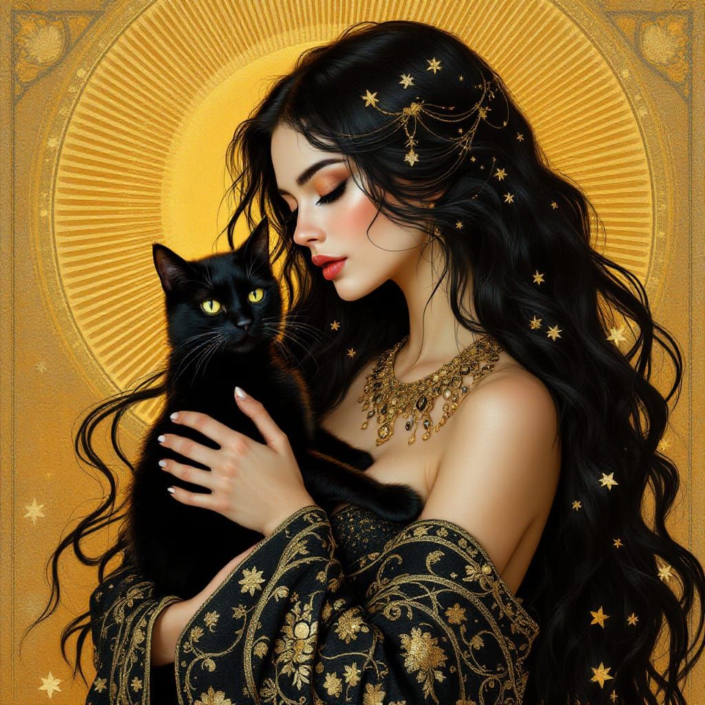 Woman with Cat in Opulent Art Nouveau Style