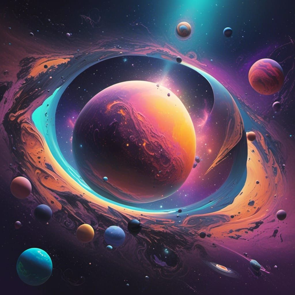 Colorful Universe Graffiti Art with Luminous Planets