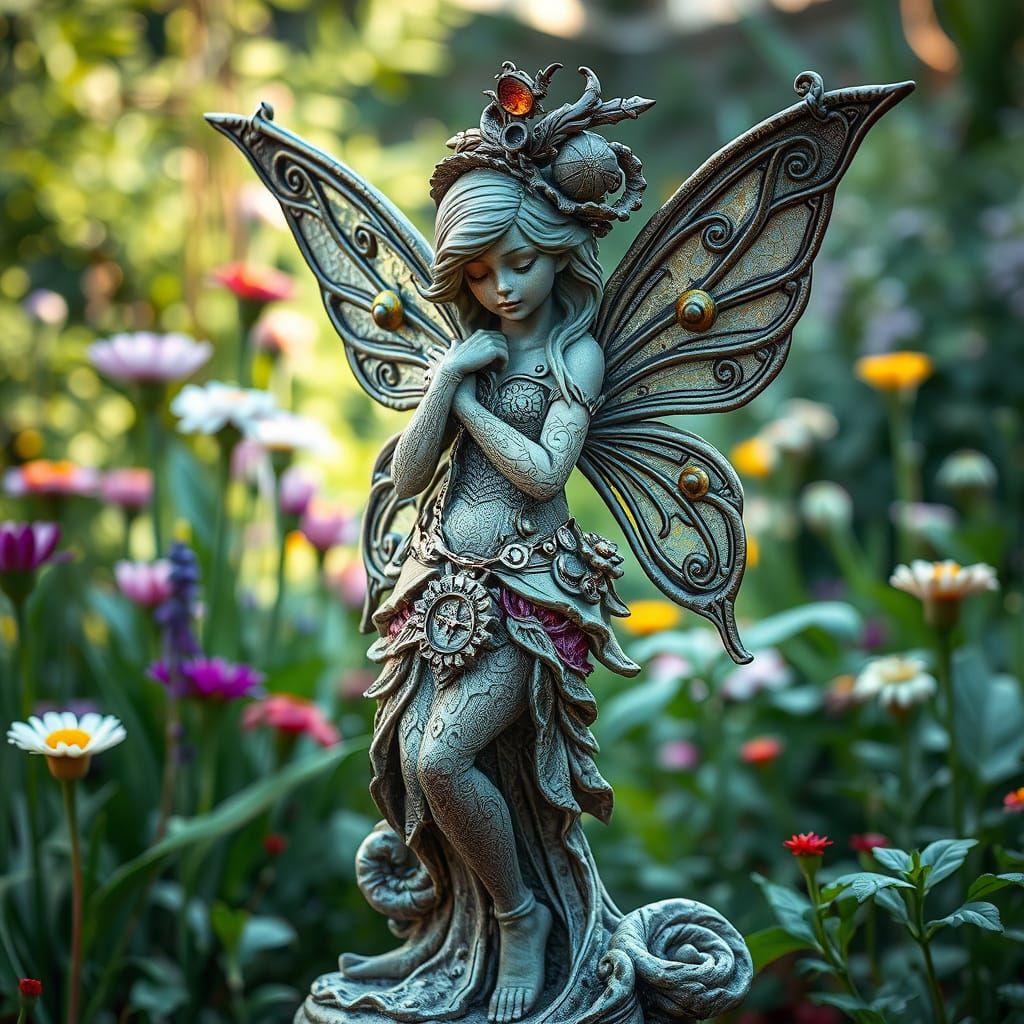 Steampunk Fairy Statue in Whimsical Garden Setting
