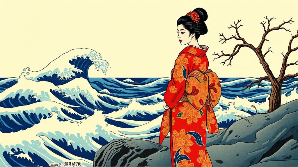 Geisha Overlooking Turbulent Sea in Ukiyo-e Style