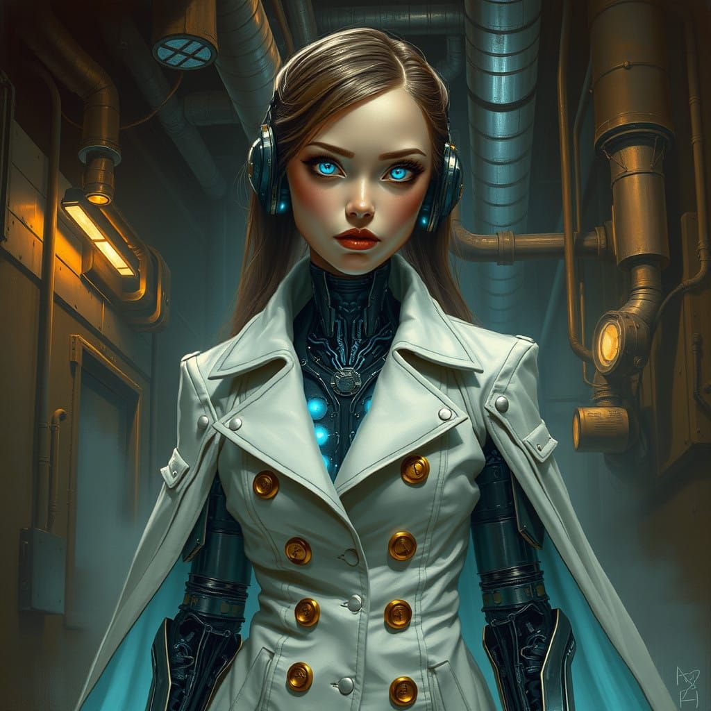 Cyborg Girl in Industrial Dystopian Landscape