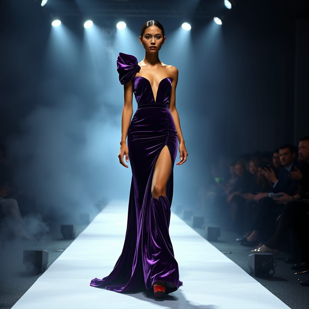 Confident Model Struts Down Velvet Catwalk in Dramatic Eveni...