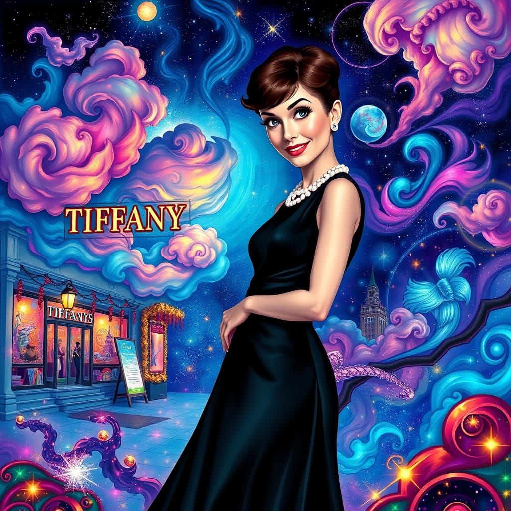 Surreal Audrey Hepburn in Tiffany's, Surrounded by Celestial...