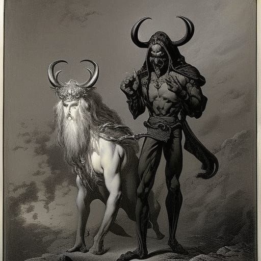 Demonic Man in Etching Horror Style