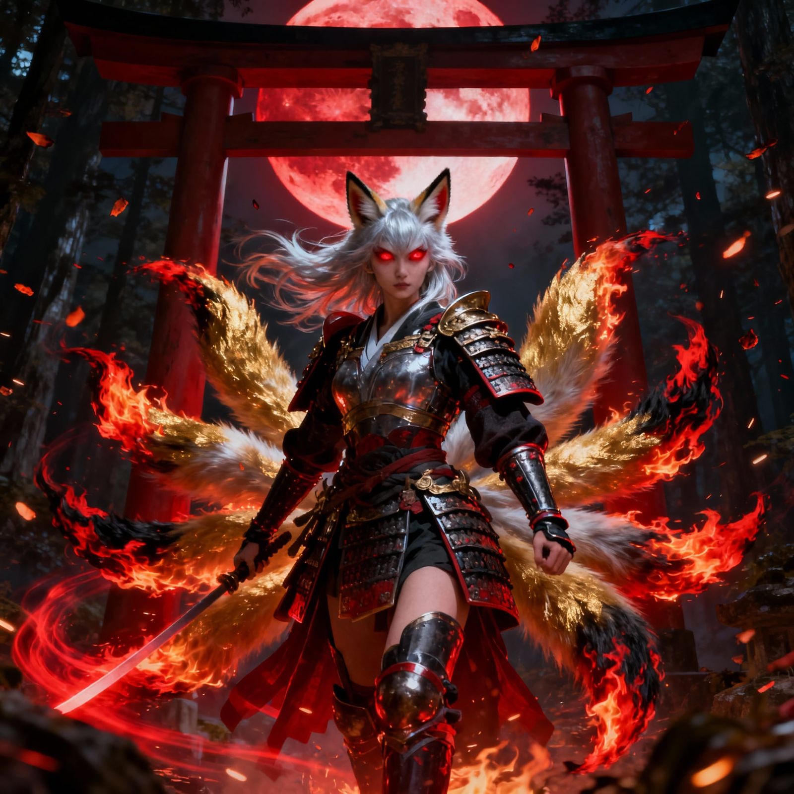 Crimson Moon Kitsune Warrior Transformation