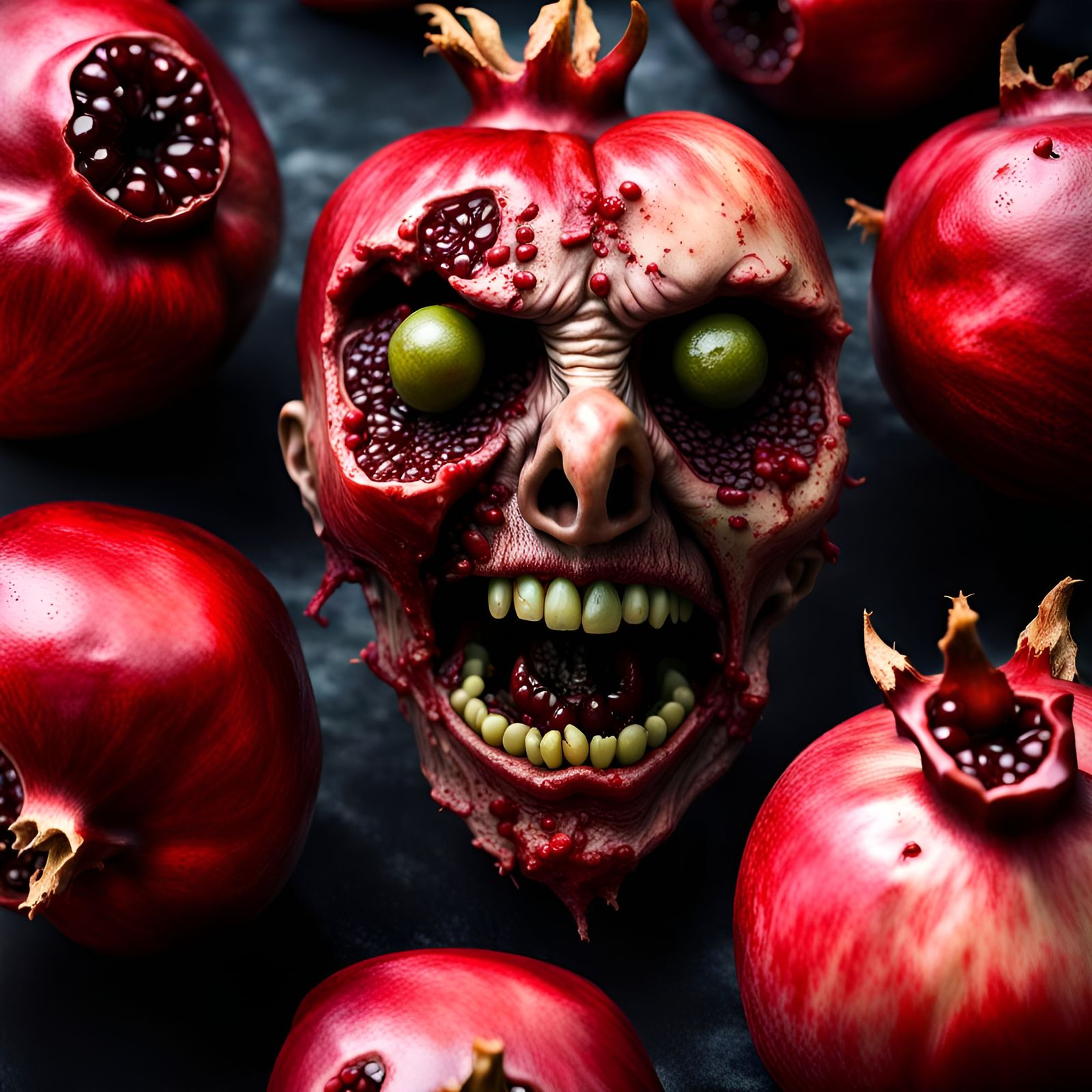 Zombie Pomegranate Horror in Hyperrealistic Style